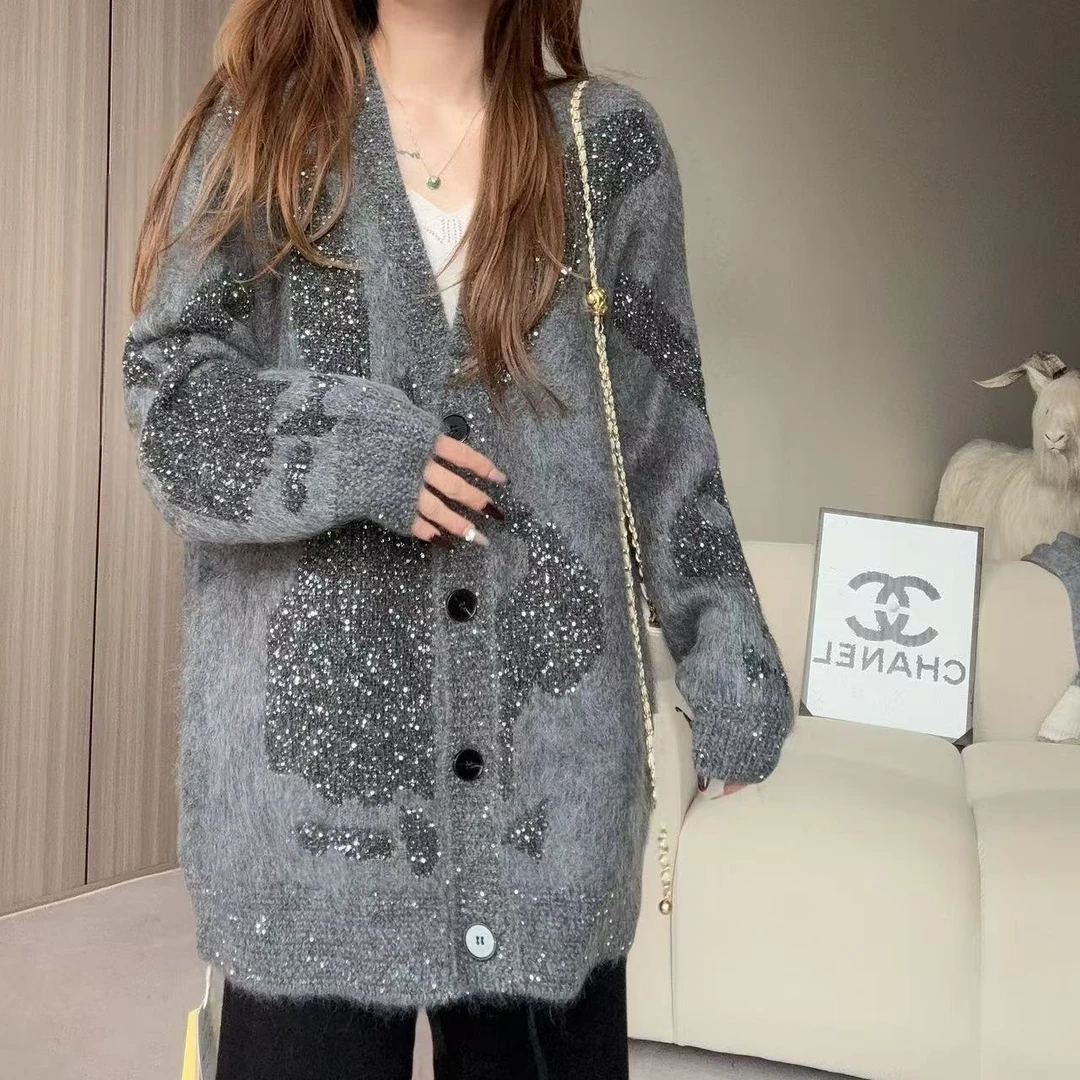 【百分百山羊绒】241873拉绒工艺款亮片提花兔子款V领羊绒开衫保暖