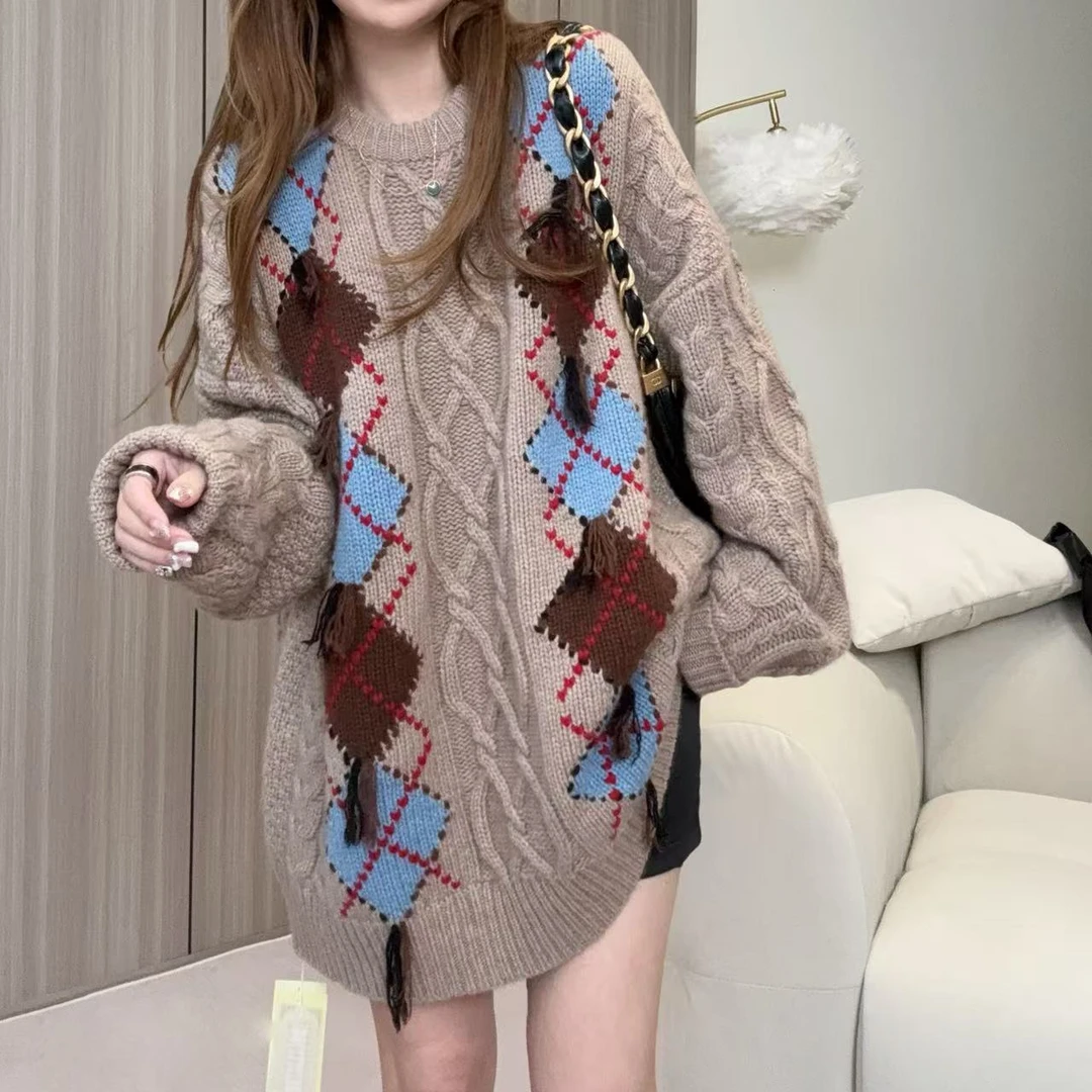 【百分百山羊绒】241965秋冬重磅手工钩针菱形格麻花款百搭时尚款