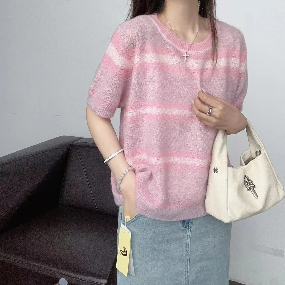 【杰娜洋羊绒】轻奢240123-简约高级拼色条纹提花针织羊绒短袖