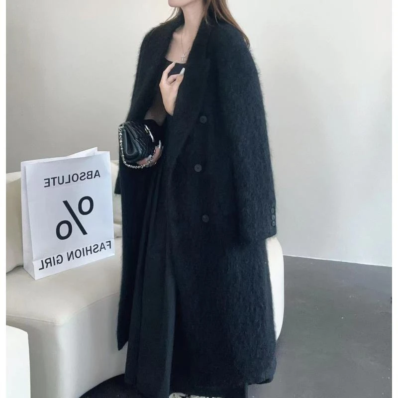 【大咖级纯羊绒大衣】240361梭织拉绒工艺名媛风西装领双排扣大衣