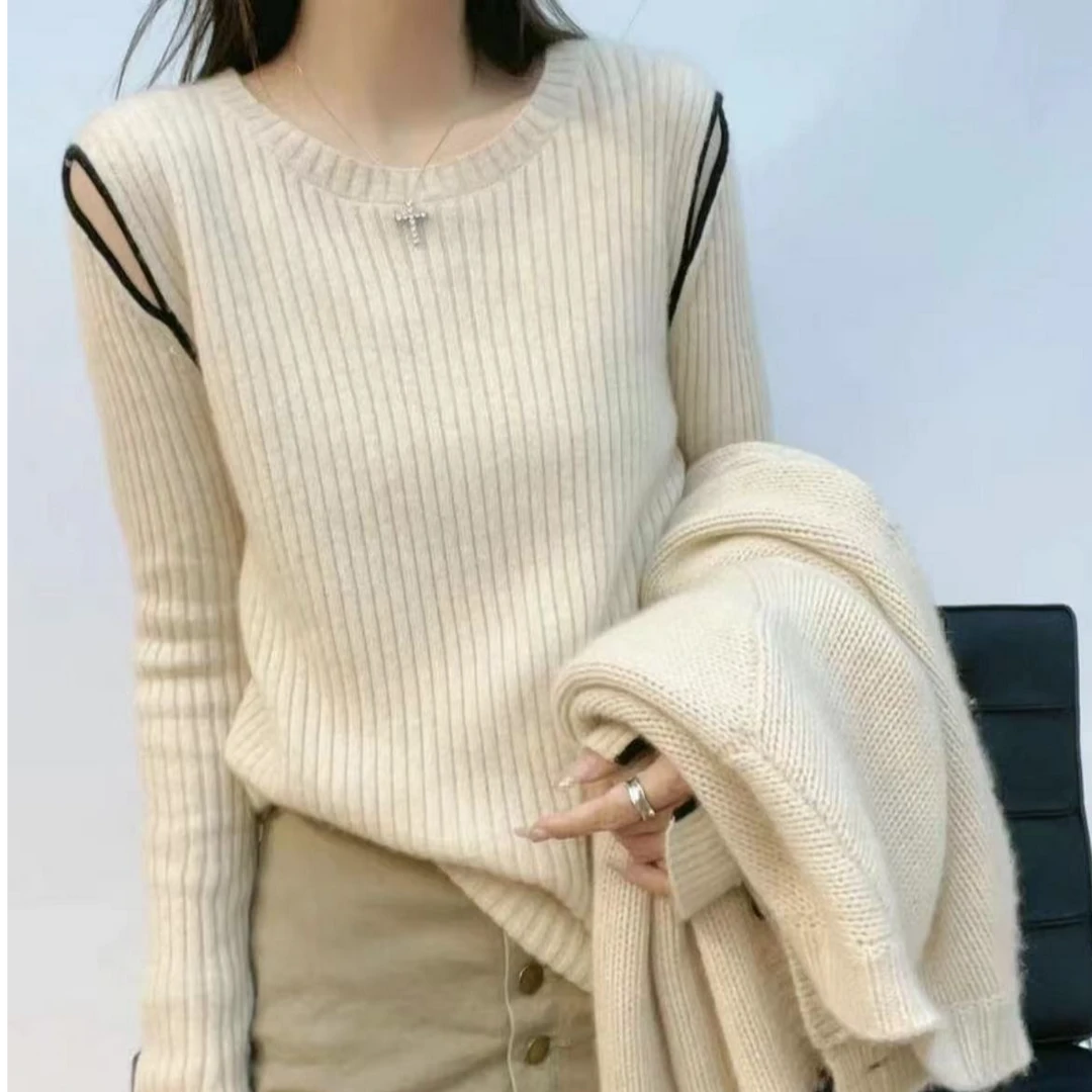 杰娜洋221699软糯气质拼色露肩圆领羊绒衫