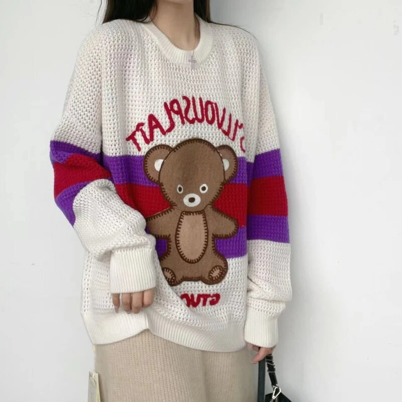 【杰娜洋新款】230216撞色条纹字母刺绣贴布小熊纯羊绒套头衫