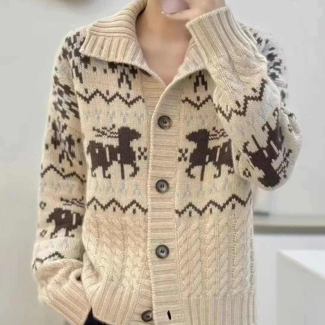 【百分百山羊绒】241603韩版复古撞色提花款单排扣羊绒外套时尚百搭