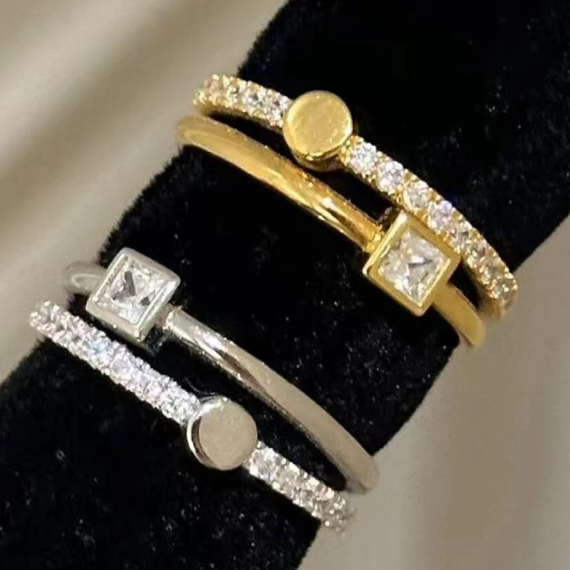 铜合金合成锆石戒指 Tc.3266复古微镶锆石双层小方钻戒指小众设