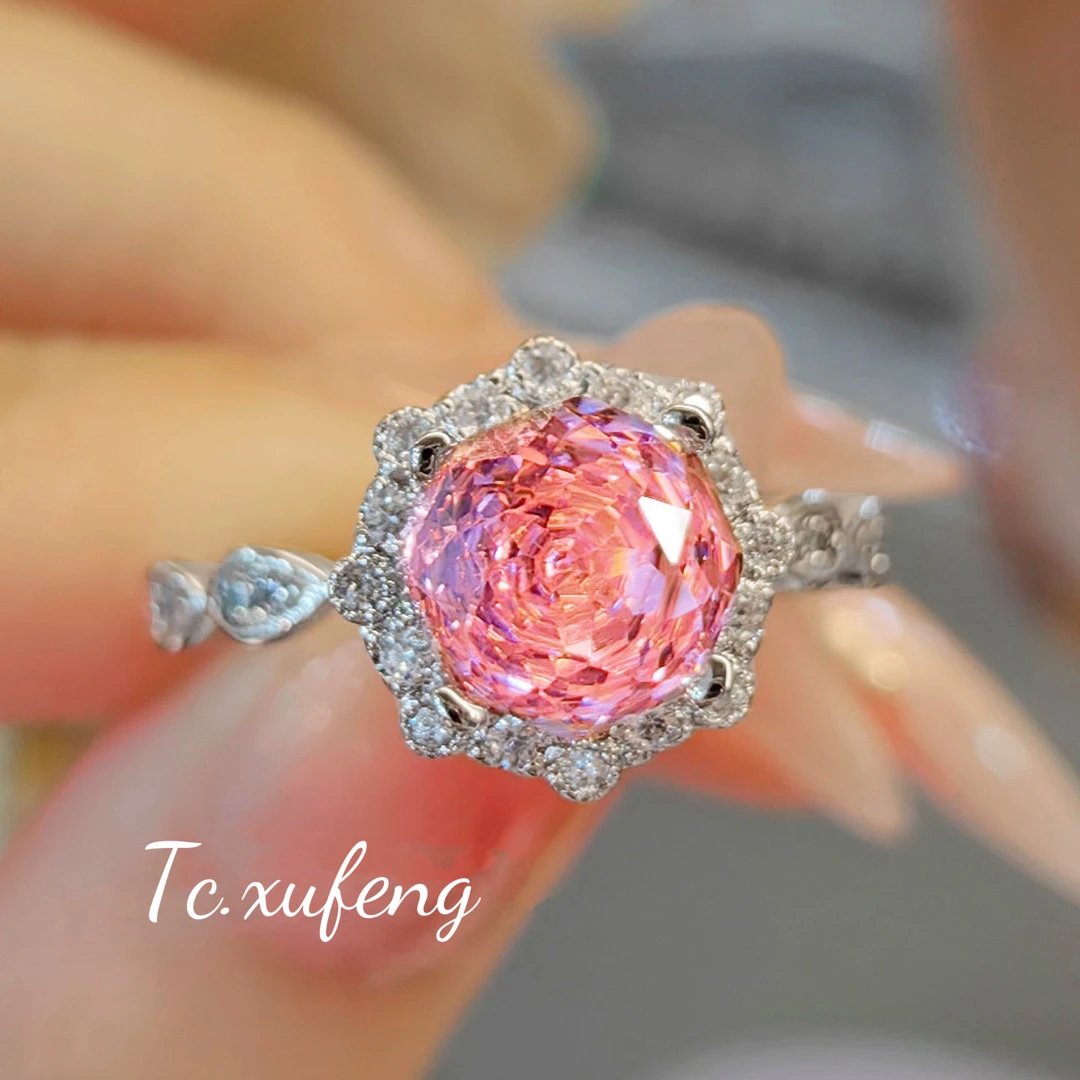 铜合金合成锆石戒指 Tc.4040轻奢八角玫瑰切粉钻芬达黄钻戒指