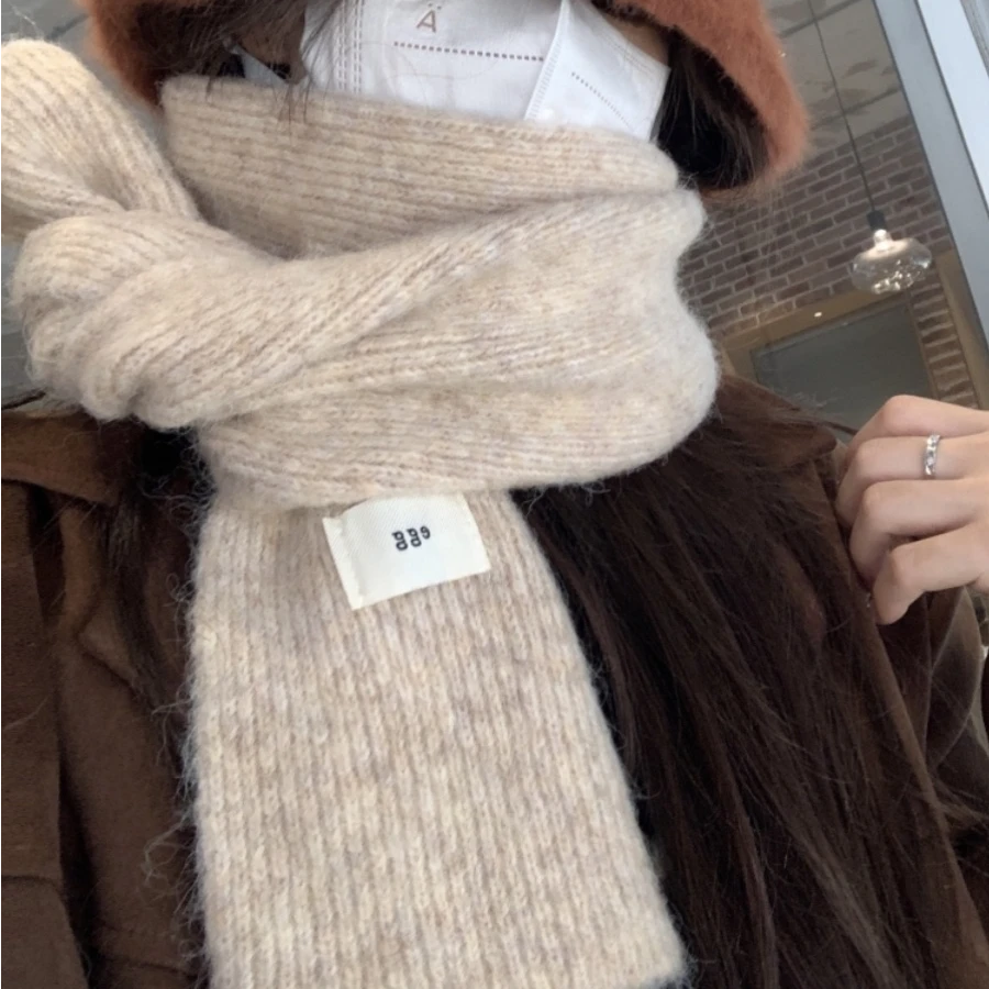 韩版含羊毛绿色针织围巾女冬季贴布纯色学生保暖毛线围脖男情侣