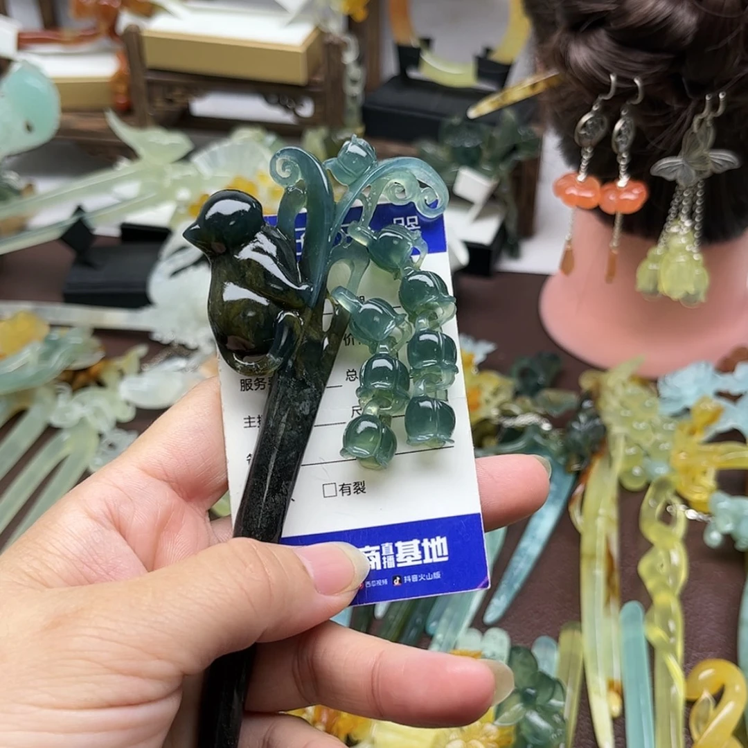 【闪购商品】蛇纹石玉发饰合金倚***?