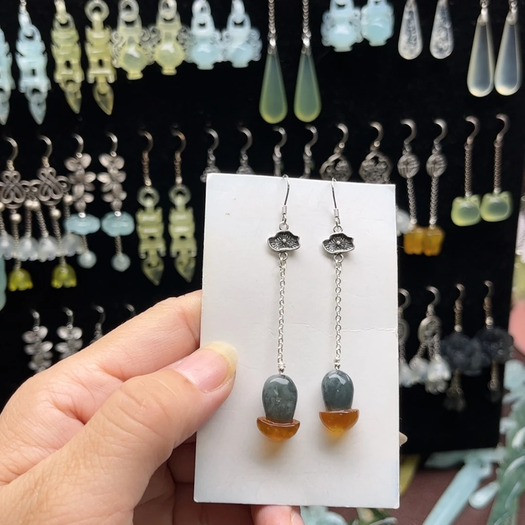 【闪购商品】蛇纹石玉耳环合金亲***橙