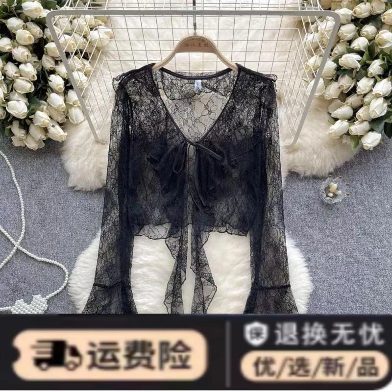 荷叶边系带短款蕾丝防晒开衫女夏季薄款喇叭长袖雪纺外套披肩上衣