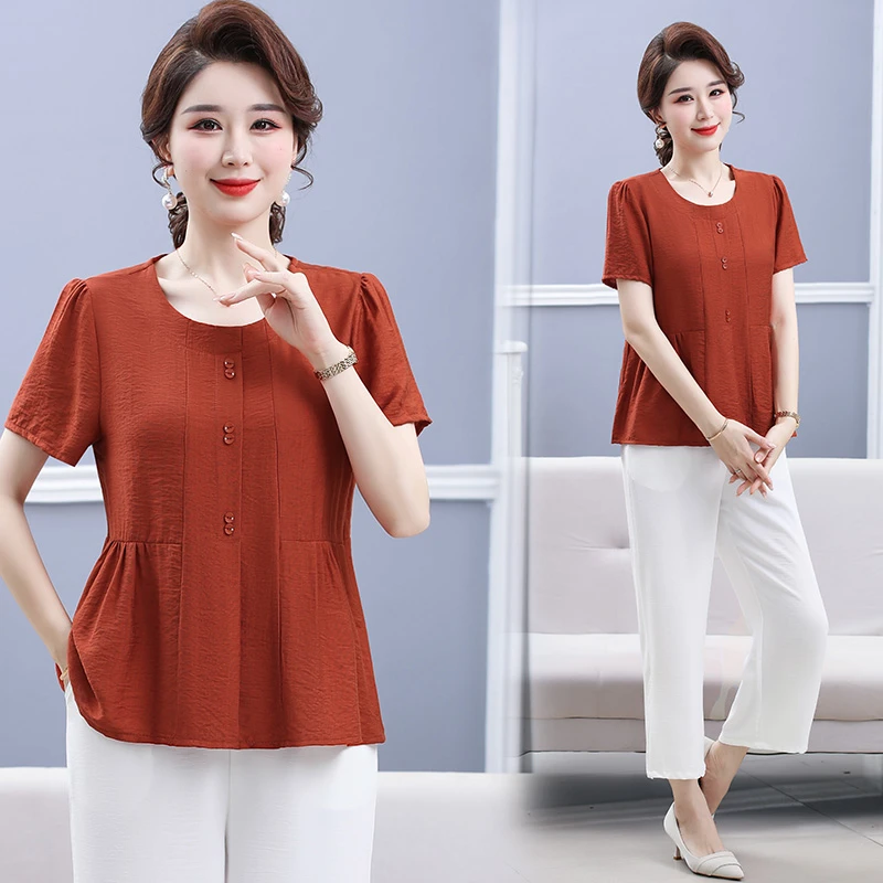 2025妈妈装夏装中式洋气短袖T恤套装中老年夏季宽松打底衫上衣