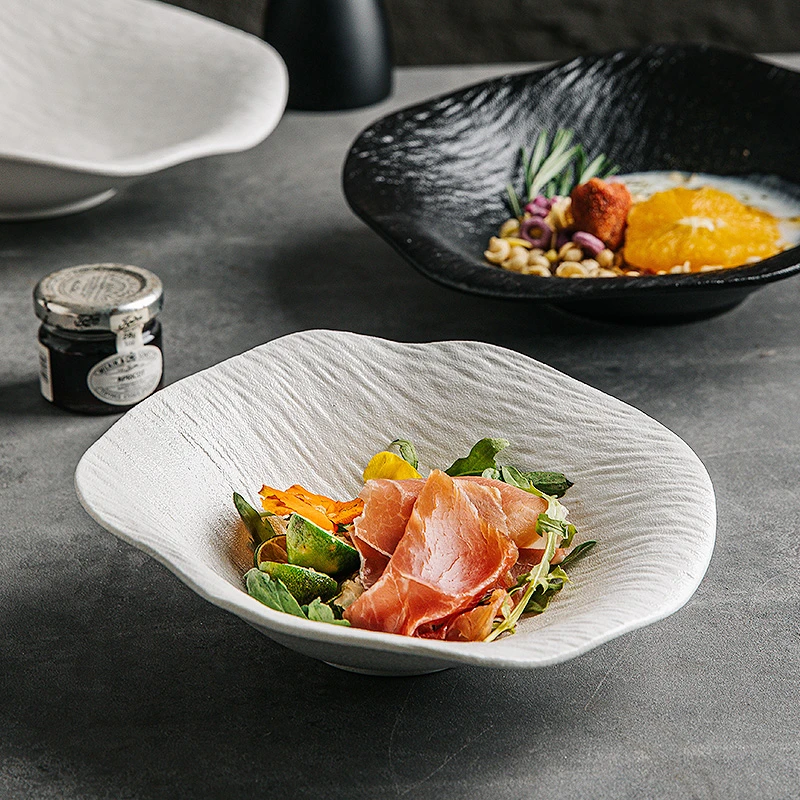 陶瓷不规则盘子汤盘菜盘简约家用石纹深盘创意高级沙拉餐具西餐
