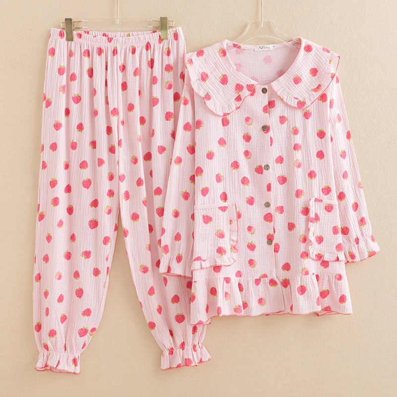 女士新款100%纯棉睡衣女套装长袖双层棉纱全棉透气家居