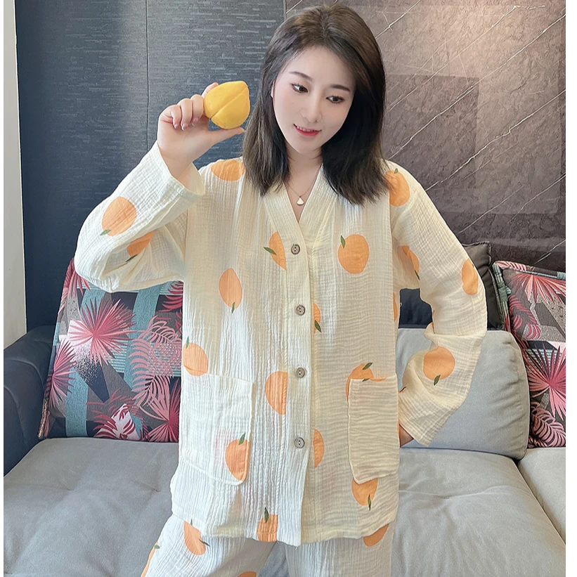 【微笑橙子】女士新款100%纯棉睡衣女套装长袖双层棉纱全棉透气家居