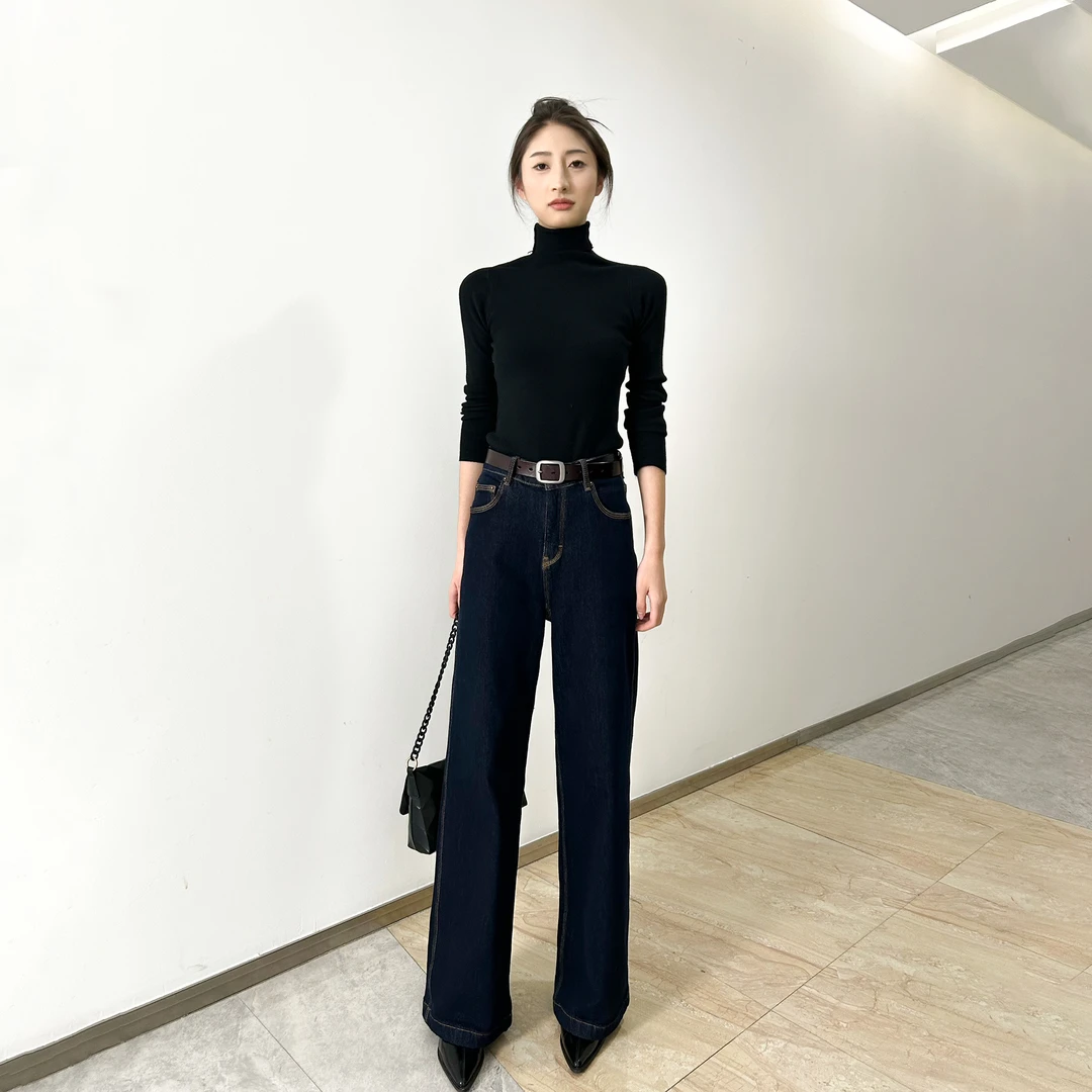 三少爷家春季新款丹宁原牛高支棉遮肉显瘦气质大阔腿直筒牛仔女裤