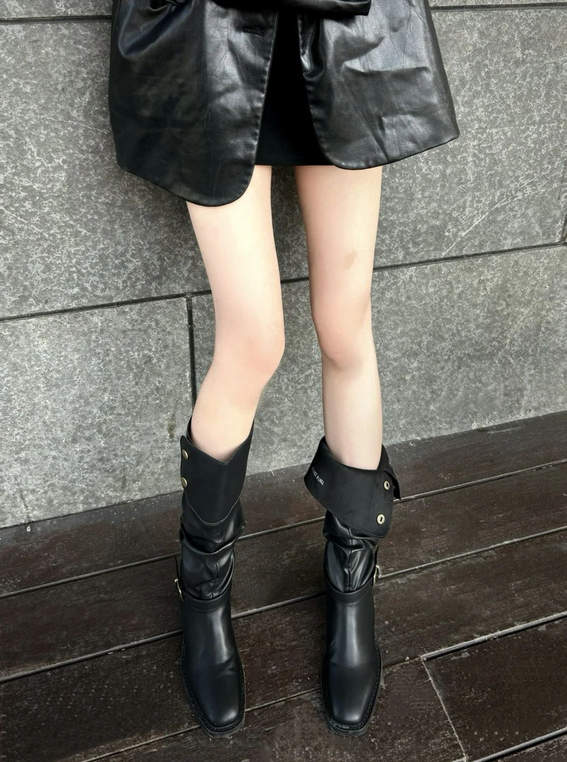 两穿靴~复古厚底过膝长靴女两穿皮带扣堆堆靴粗跟高筒西部牛仔靴