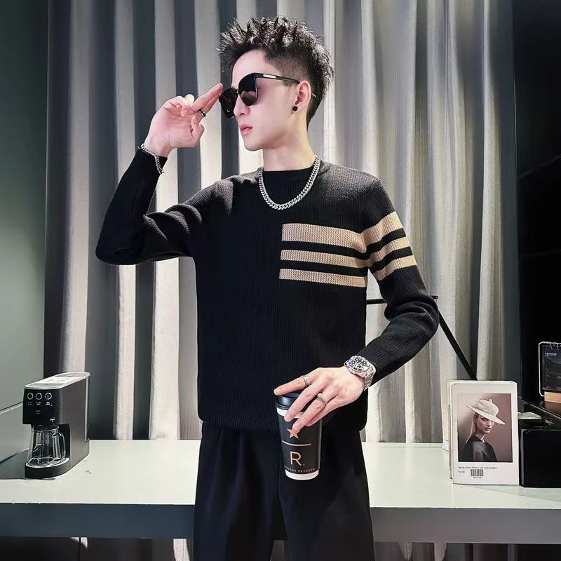 秋冬季高级感华夫格毛衣男潮牌线衣服2024新款内搭条纹针织打底衫