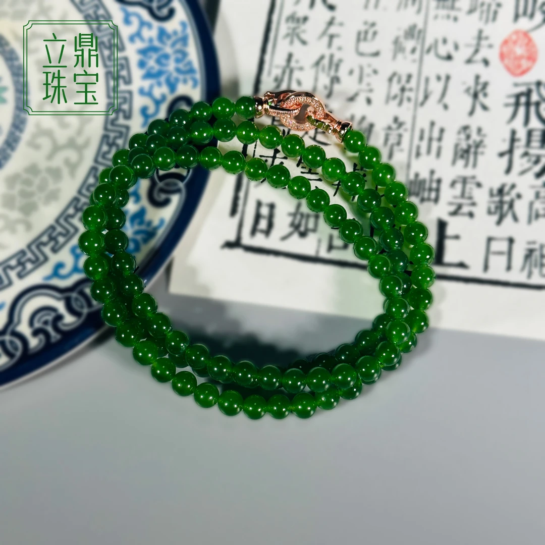【HD55】天然和田玉碧玉念珠项链卡6绿色苹果绿百搭妈妈长链双扣头