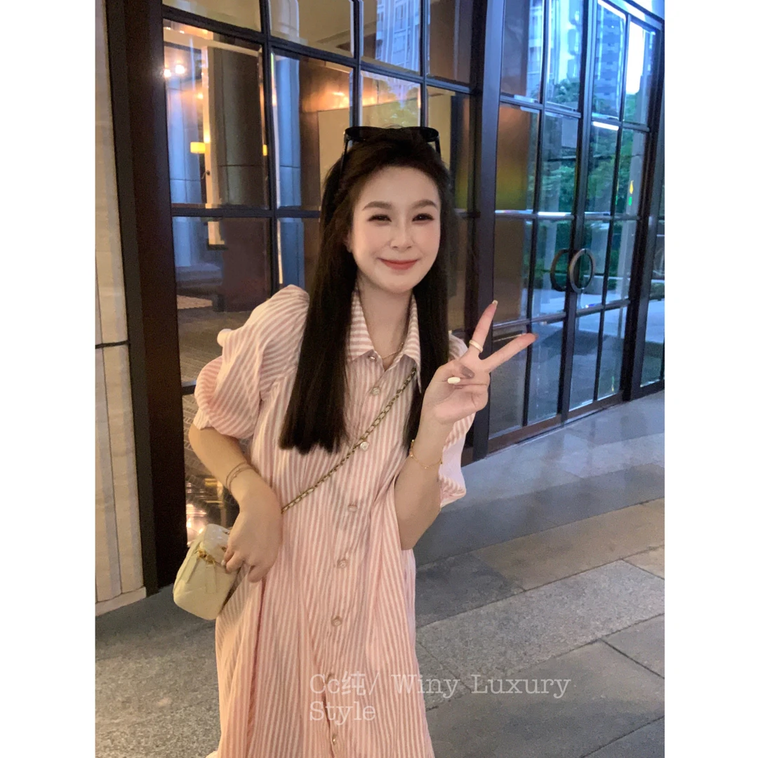 CC纯【桃桃心恋】夏季新品气质轻奢显瘦穿搭条纹连衣裙2024A258#