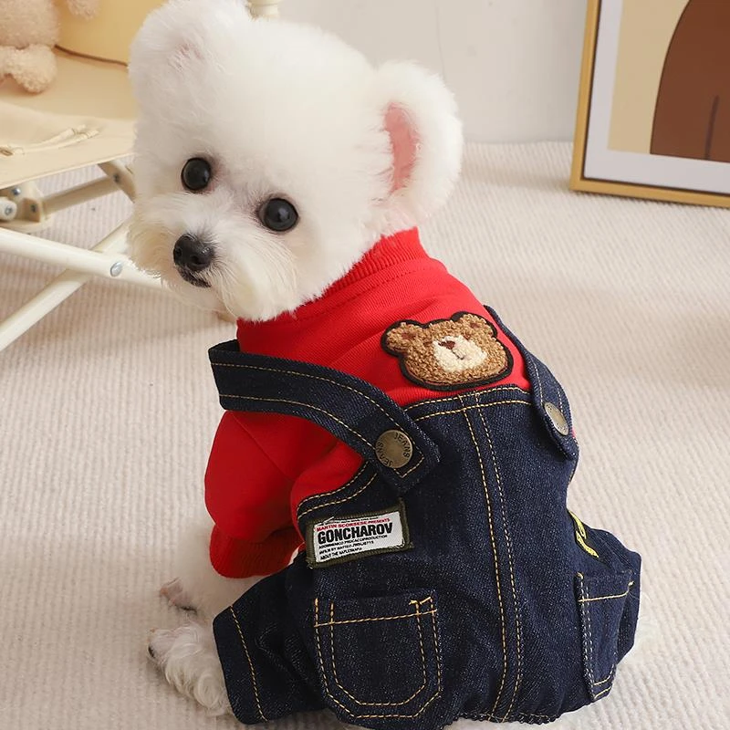 一斤狗狗衣服冬季小体比熊口袋背带牛仔裤厚款保暖加绒宠物四脚衣