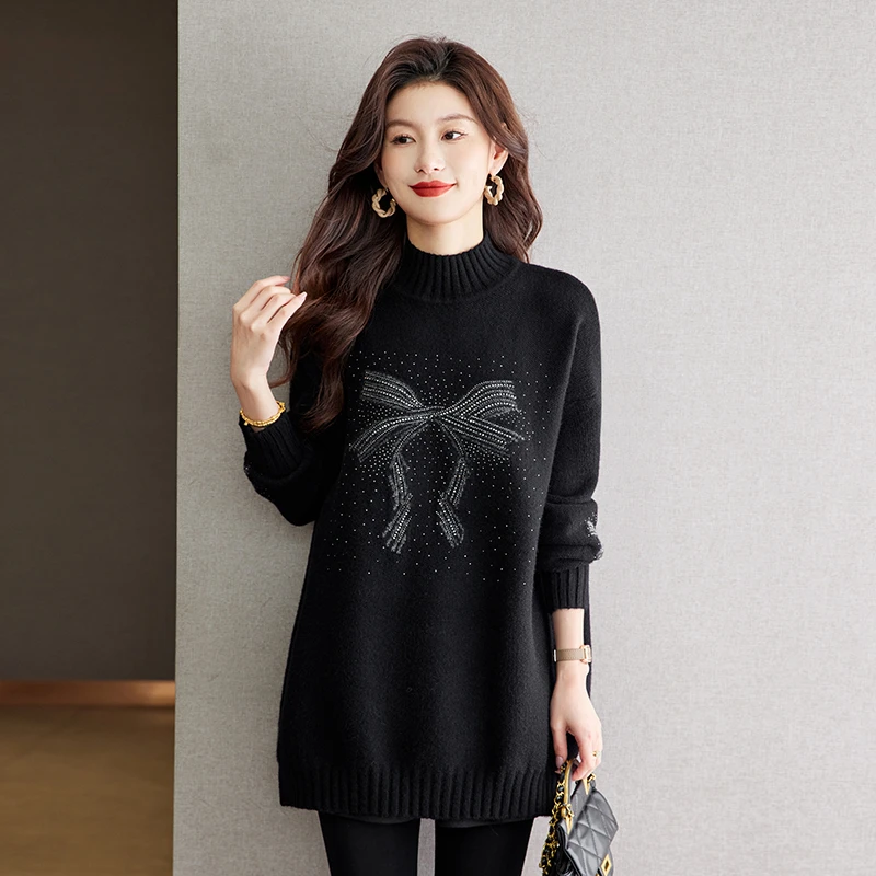 高级感时髦洋气黑色蝴蝶冬季加厚打底衫女士宽松遮肚子中长款毛衣