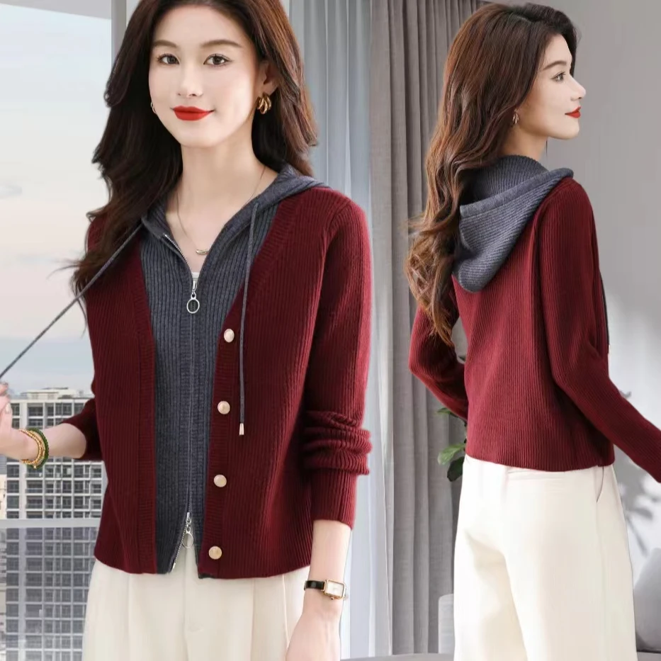 假两件连帽上衣女外套休闲开衫设计感拉链外搭高级感秋季针织衫