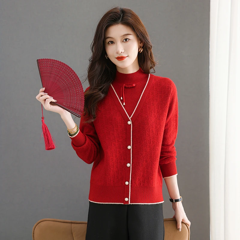 2024秋冬红色毛衣女宽松中国风假两件打底衫上衣本命年时髦针织衫