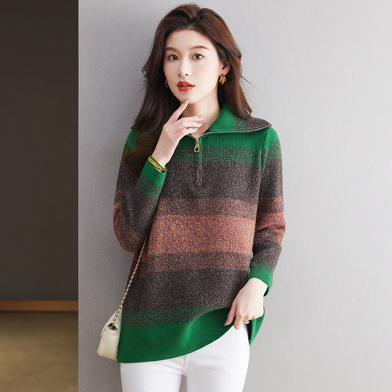 设计感条纹花纱毛衣女士宽松慵懒风气质拉链翻领可立领针织打底衫