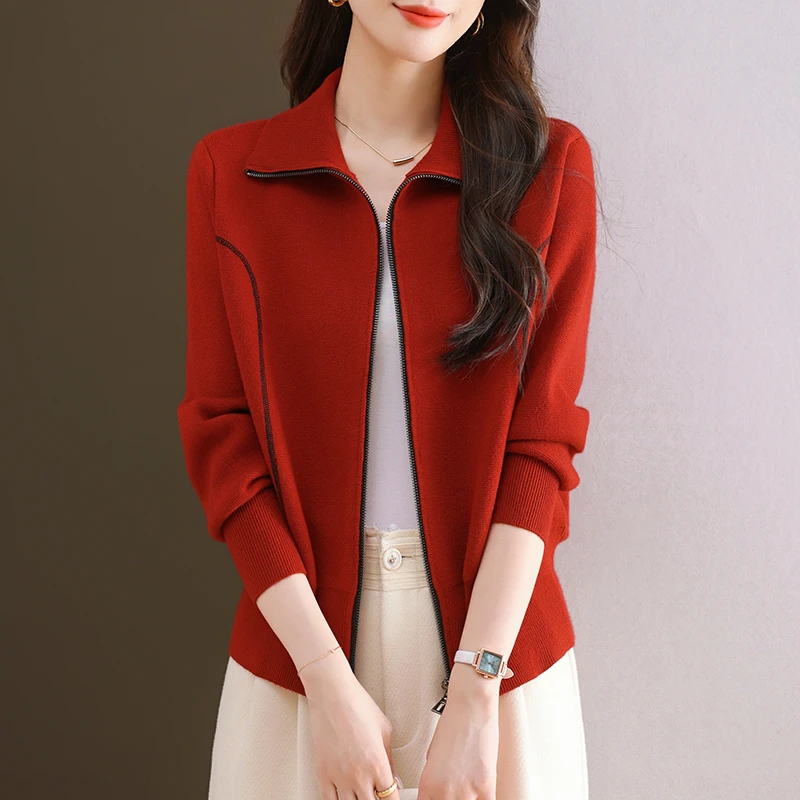 秋季新款时髦洋气安可拉红拉链外套女翻领爆款春秋休闲长袖针织衫