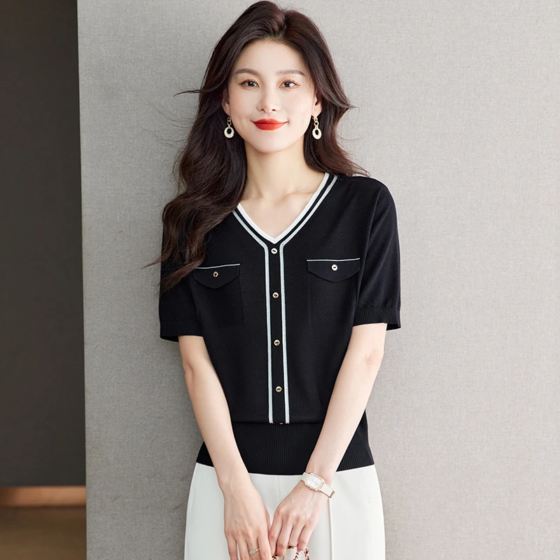 高档小香风短袖T恤女宽松V领气质天丝薄款轻奢百搭夏季大码上衣潮