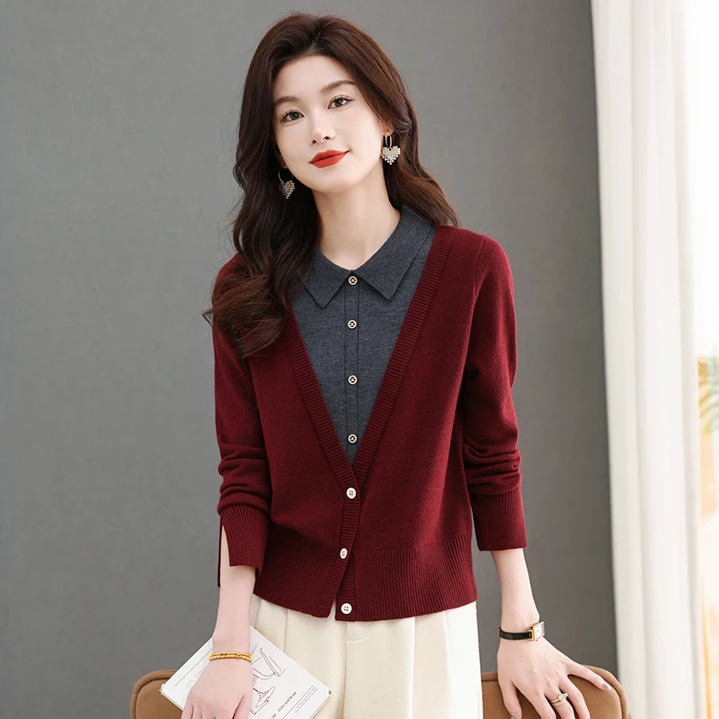 衬衫毛衣女假两件上衣长袖2024年新款秋冬时尚洋气针织衫宽松外穿