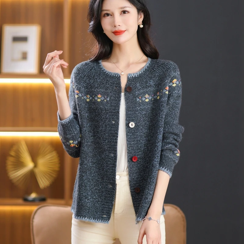 秋季花纱开衫外套女士宽松遮肚显瘦中年妈妈长袖高级感毛衣针织衫
