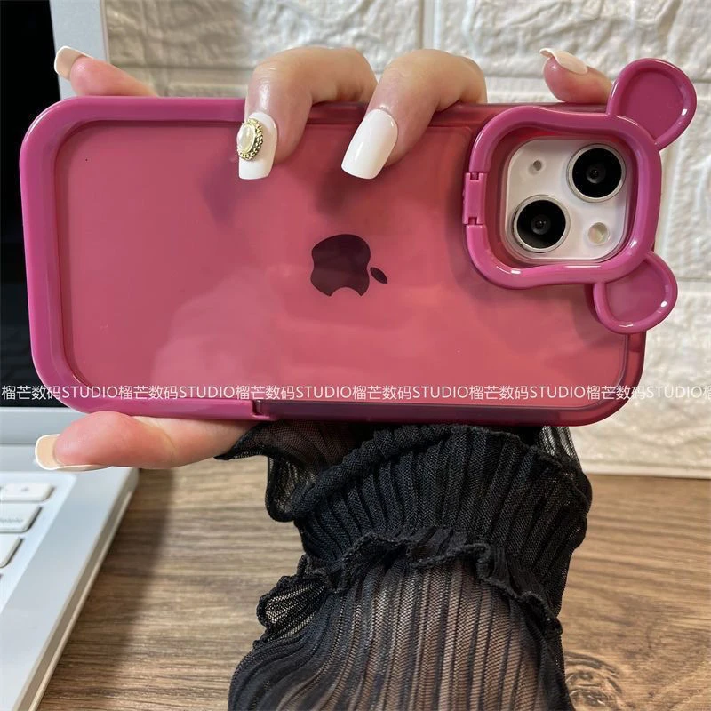 卡通小熊头双支架适用苹果14手机壳iPhone13Promax全包11/12防摔x