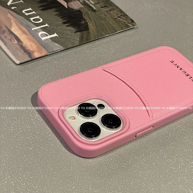 高级感粉色卡包适用iPhone14promax苹果13手机壳15皮质12/11防摔x