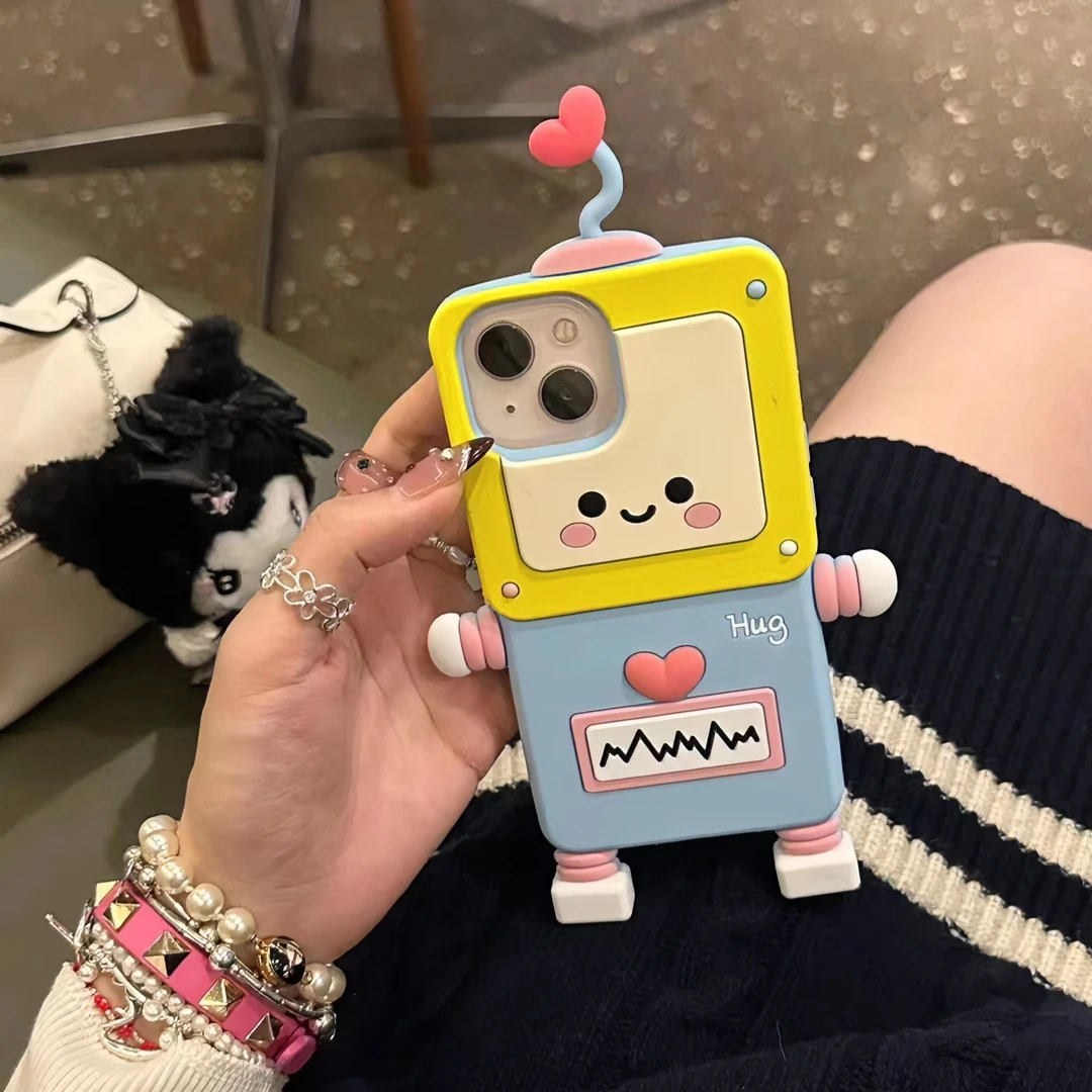 适用苹果14promax可爱创意卡通爱心机器人手机壳iPhone15pro新款