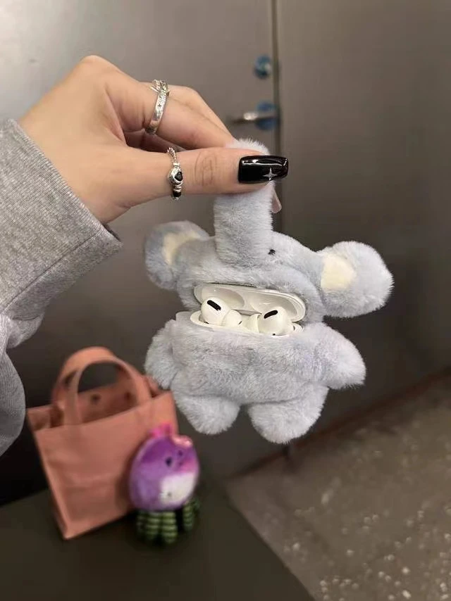 ins秋冬毛绒小象适用AirPodspro耳机套苹果蓝牙无线1/2代保护套可