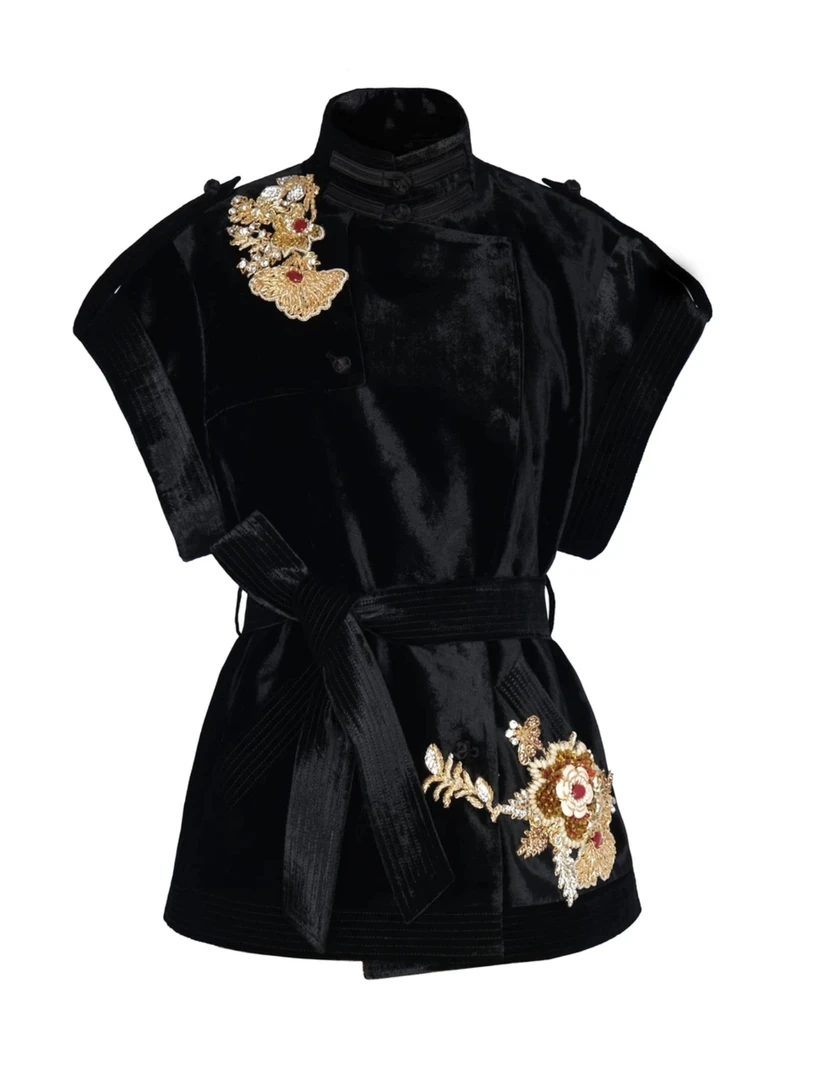 JUNYANG杨君24秋冬新款松柏黑色丝绒风衣马甲