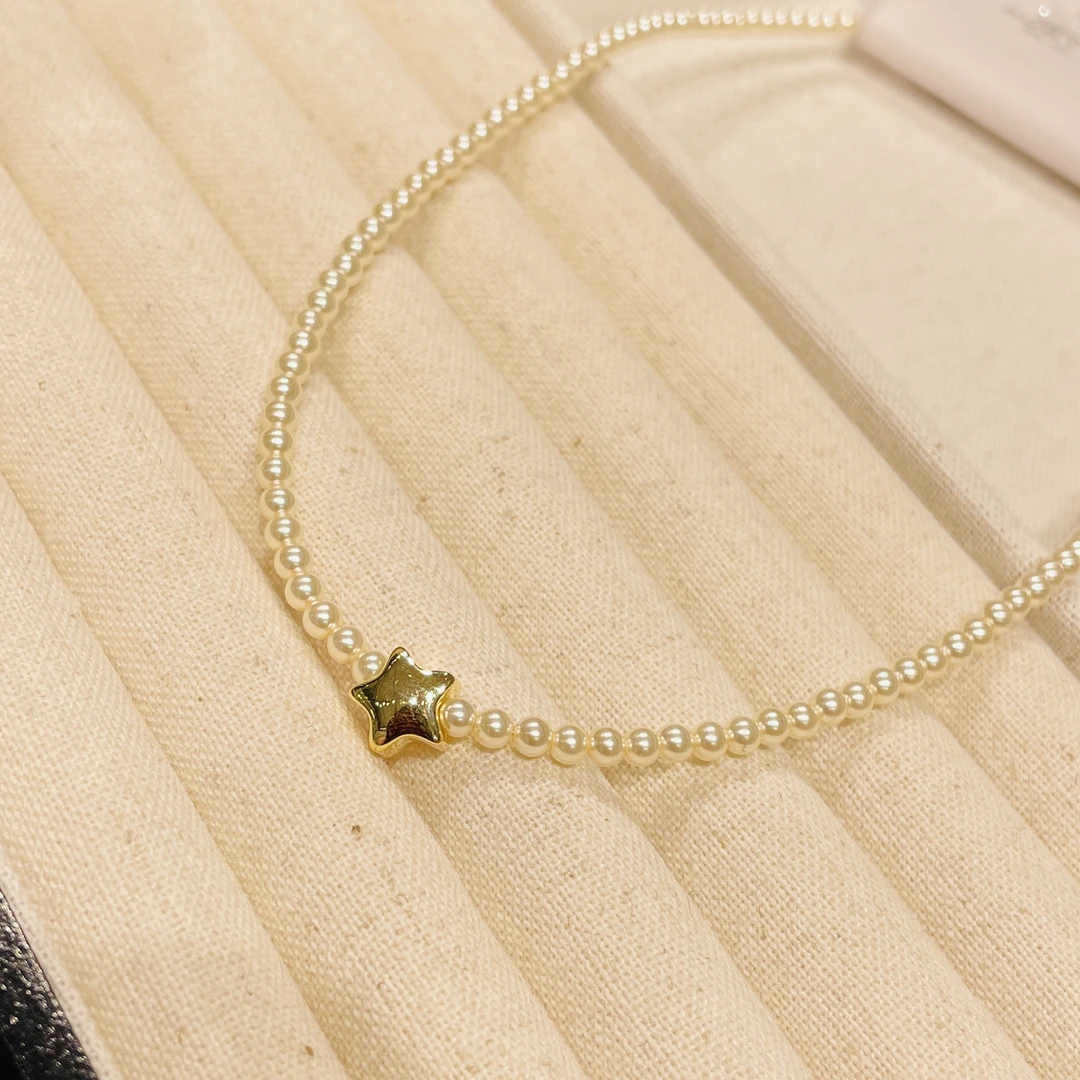 铜合金仿珍珠项链 欧比小米珠3mm五角星星项链金色甜美法式小众