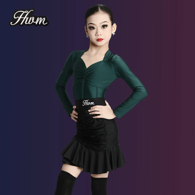 红舞魅秋冬季女童拉丁舞服桃心领长袖上衣裙子2023新款练功服套装