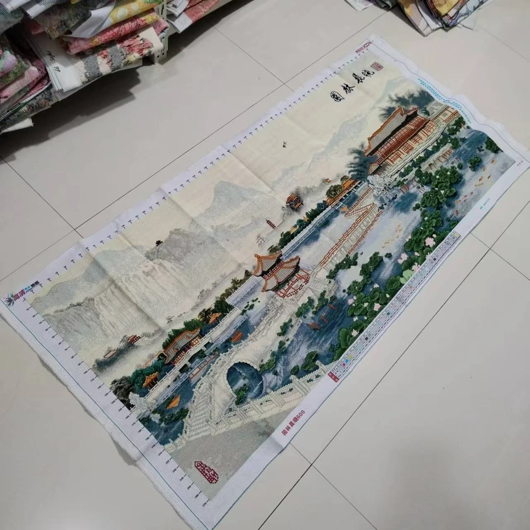纯手工绣好的十字绣成品园林晨晓名画新款客厅山水风景装饰画出售