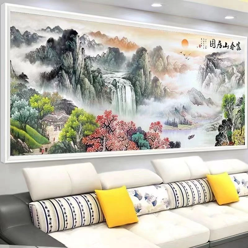 纯手工绣好的十字绣成品富春山居图流水生财山水风景客厅装饰挂画