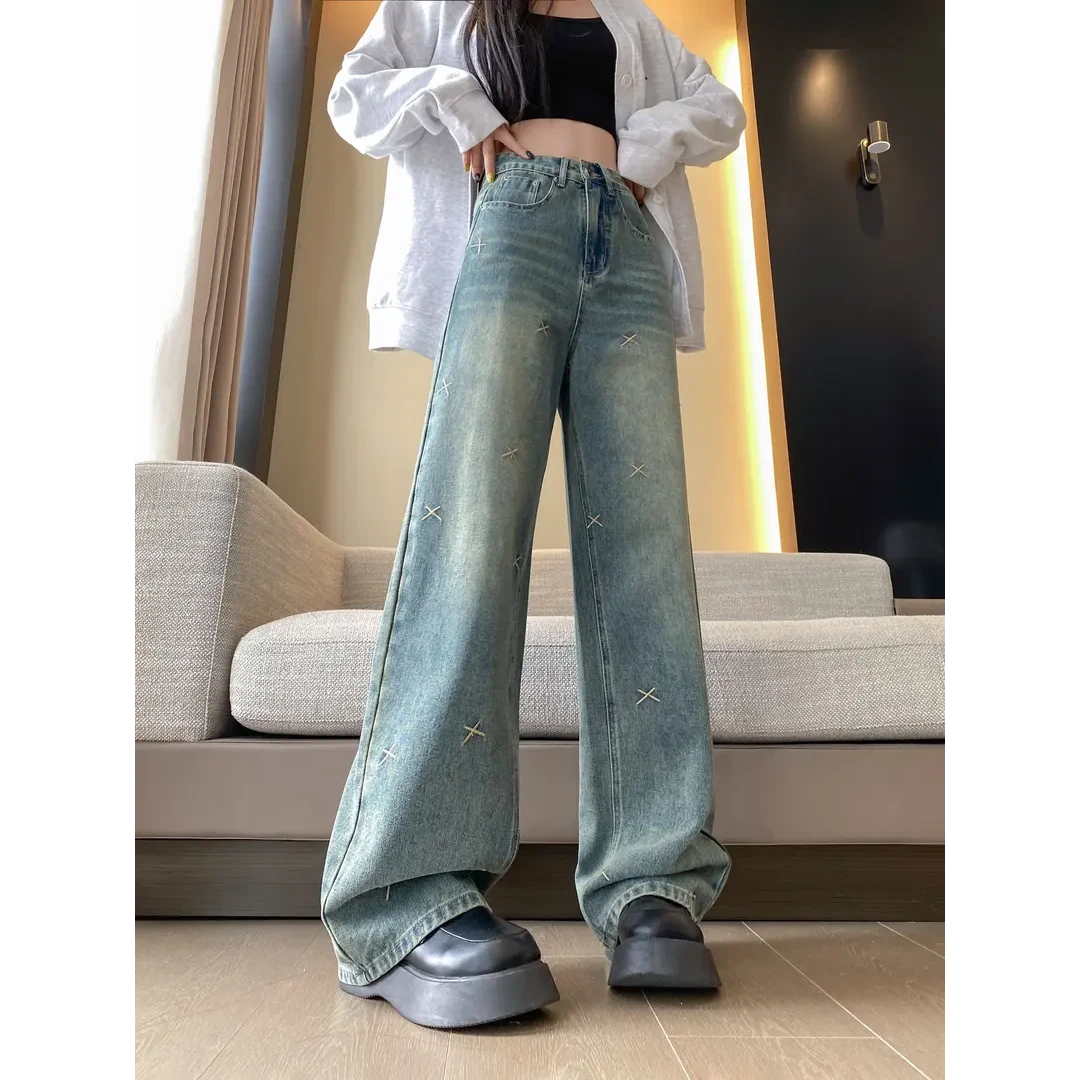 【刺绣款】复古蓝2025春秋大码女装宽松直筒牛仔裤子胖mm长裤梨形