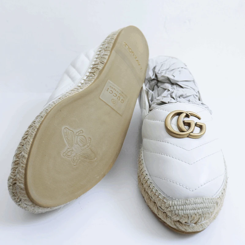 Gucci/古驰时尚舒适休闲百搭潮流白色双G缝线纹路渔夫鞋36.5码