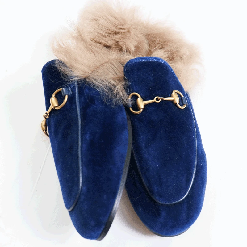 GUCCI/古驰马衔扣灯芯绒时装时尚宝蓝色中古平底穆勒拖毛拖37码