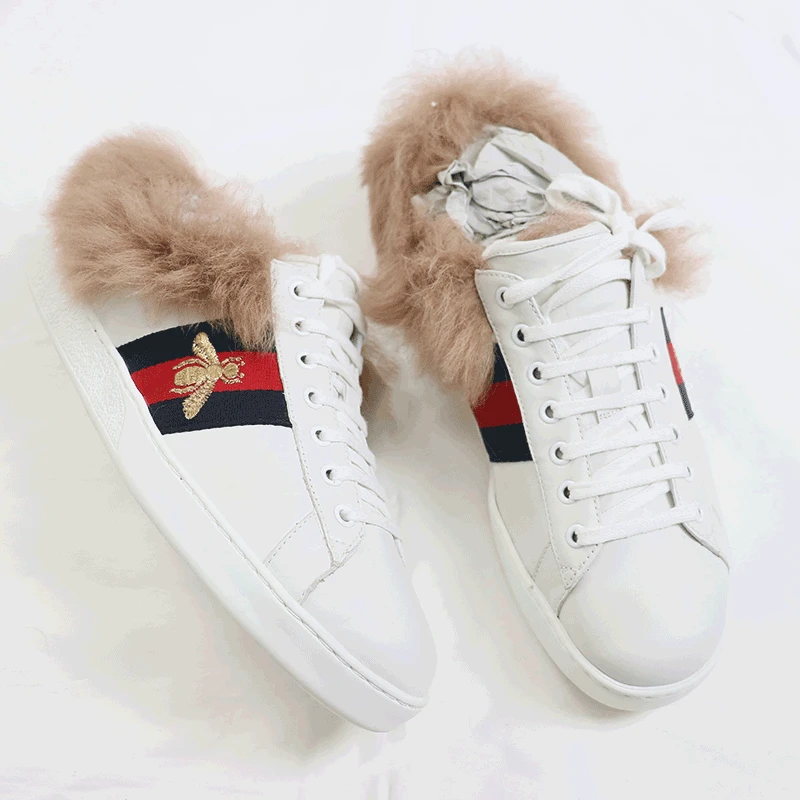 GUCCI/古驰ACE系列百搭休闲潮流时尚经典低帮毛绒小蜜蜂小白鞋