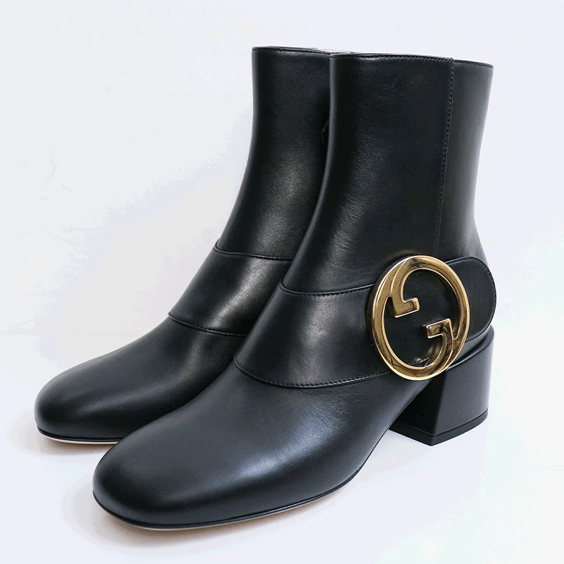 Gucci/古驰时尚休闲舒适百搭潮流侧面大双G扣黑色带跟短靴36码