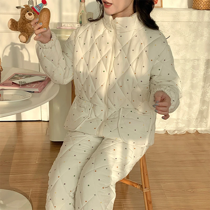 夹棉睡衣女冬季新款简约ins风珊瑚绒加绒超厚保暖少女风夹棉睡衣