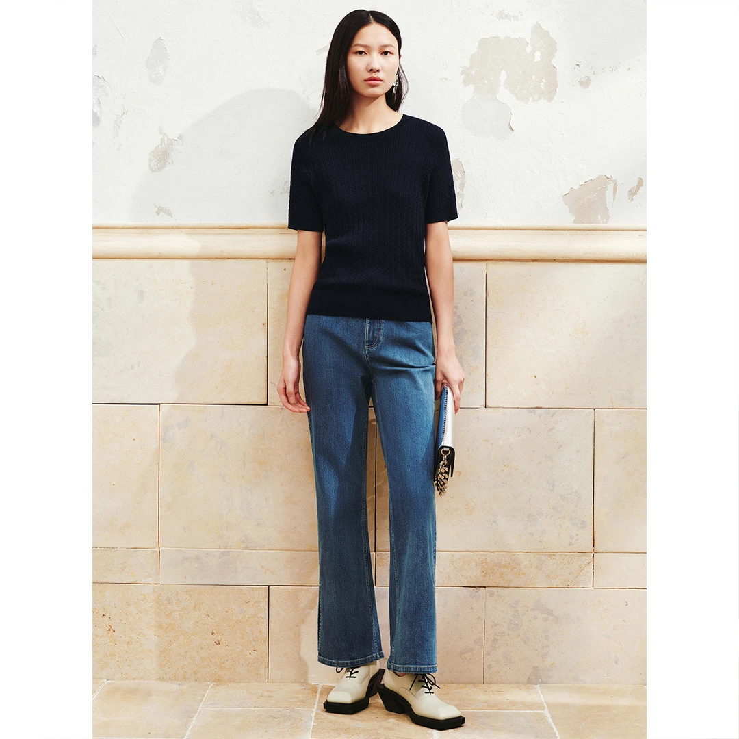 INSUN恩裳专选夏季新款圆领天丝棉混纺针织女装上衣9C64206210