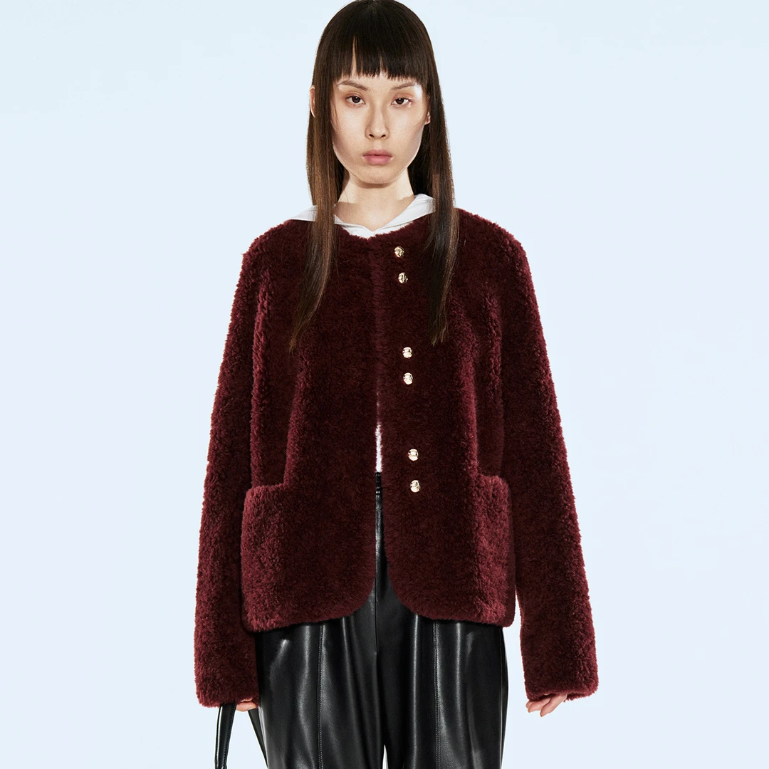 COVERINS冬季颗粒绵羊毛酒红小香风外套CC34510360