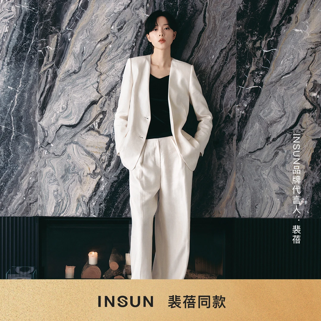 INSUN恩裳秋季新款米白亚麻天丝无领西装外套9C34310010