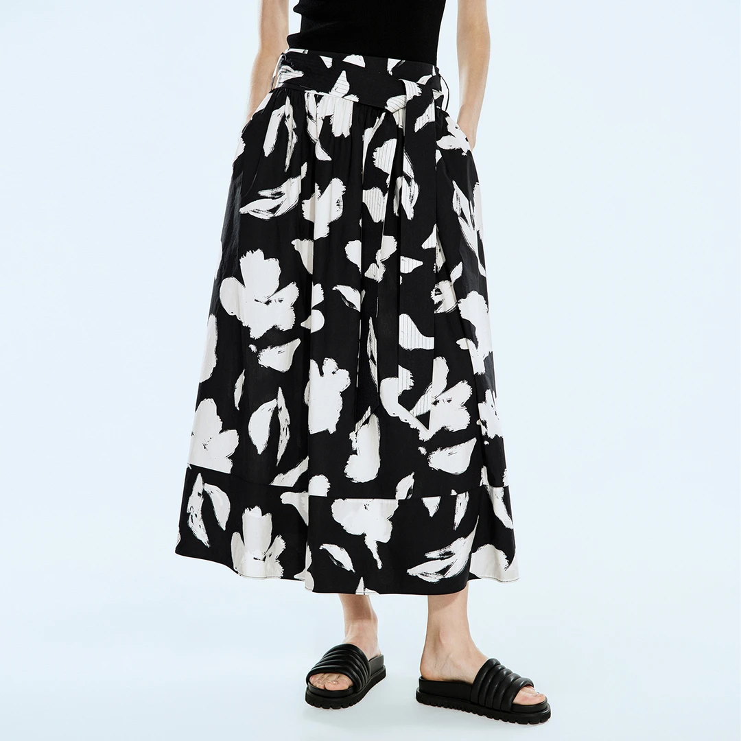 COVERINS夏装新款休闲黑白印花褶裥高腰时尚女装半身裙CC34250150